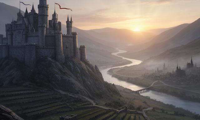A stone hilltop citadel overlooking a river valley at dawn, with tiny banners marking a strategy game's frontier