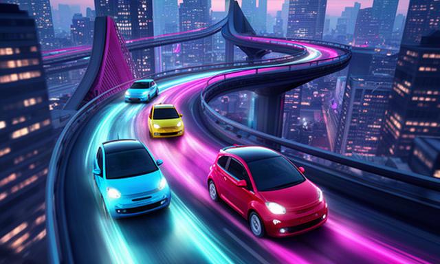 Three colorful cars racing along a looping elevated freeway above a softly lit city at dusk